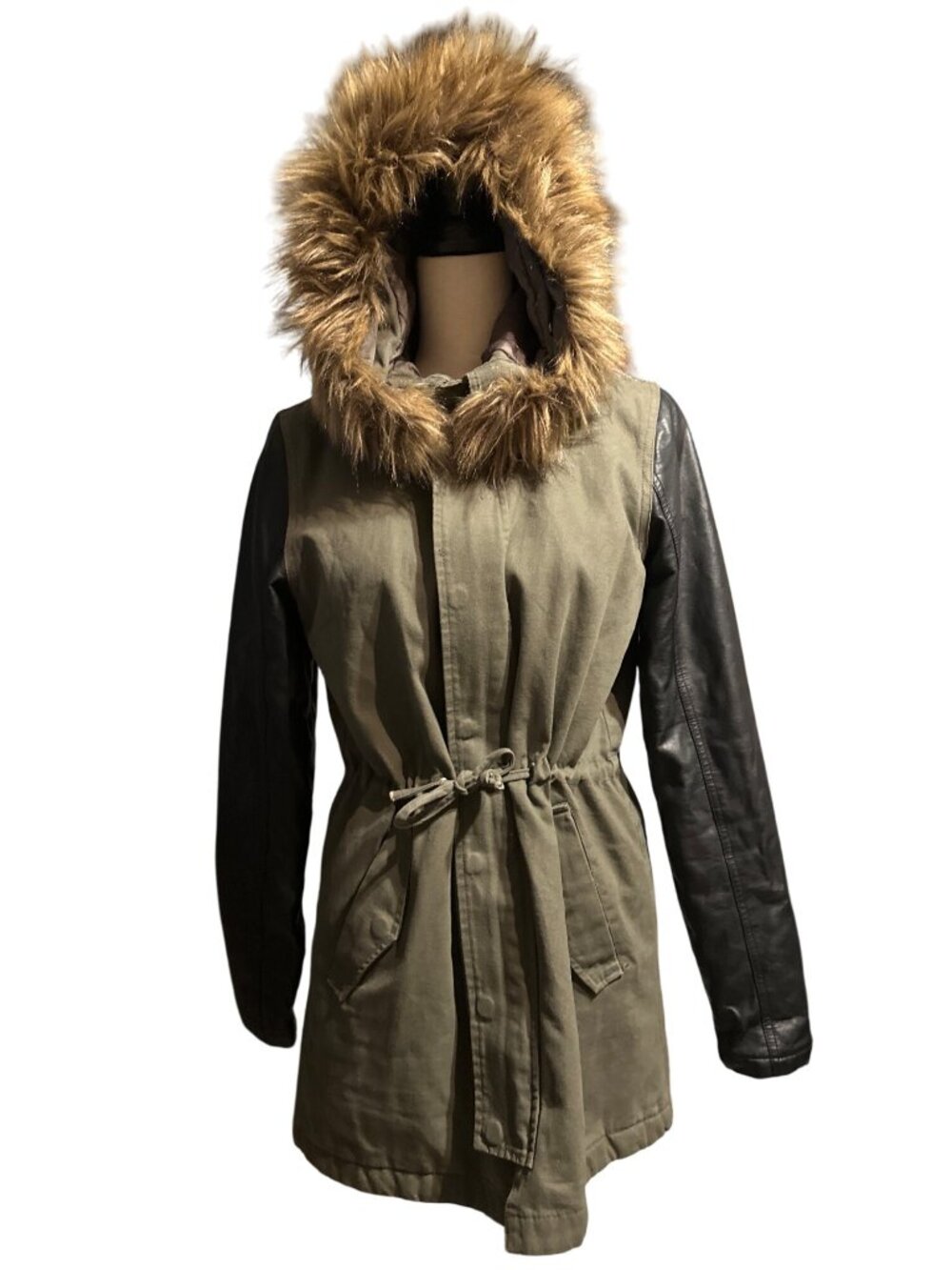 Tobi Green Winter Coat Fur Hooded Faux Leather Sleeves Quilted Lining Size Large